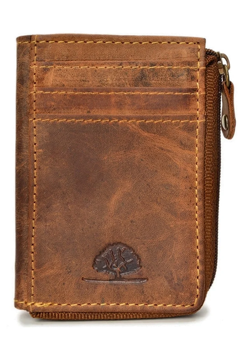 Portofel unisex piele naturala maro antichizat 8 x 10 cm, Vintage,