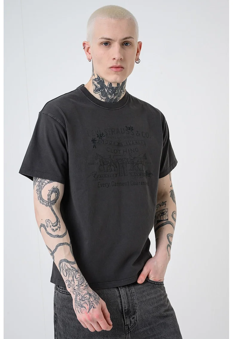 Tricou de bumbac cu imprimeu logo contrastant Vintage, Gri antracit