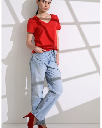Tricou din bumbac cu decolteu in V si detaliu logo, Rosu/Rosu inchis