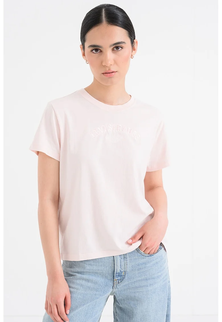 Tricou din bumbac cu decolteu la baza gatului, Roz pastel