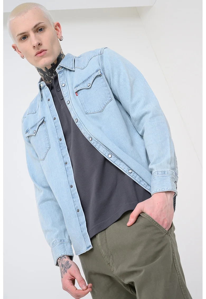 Camasa de denim cu buzunare pe piept Barstow, Albastru pal/Albastru