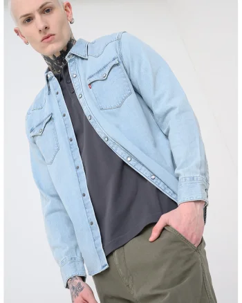 Camasa de denim cu buzunare pe piept Barstow, Albastru pal/Albastru