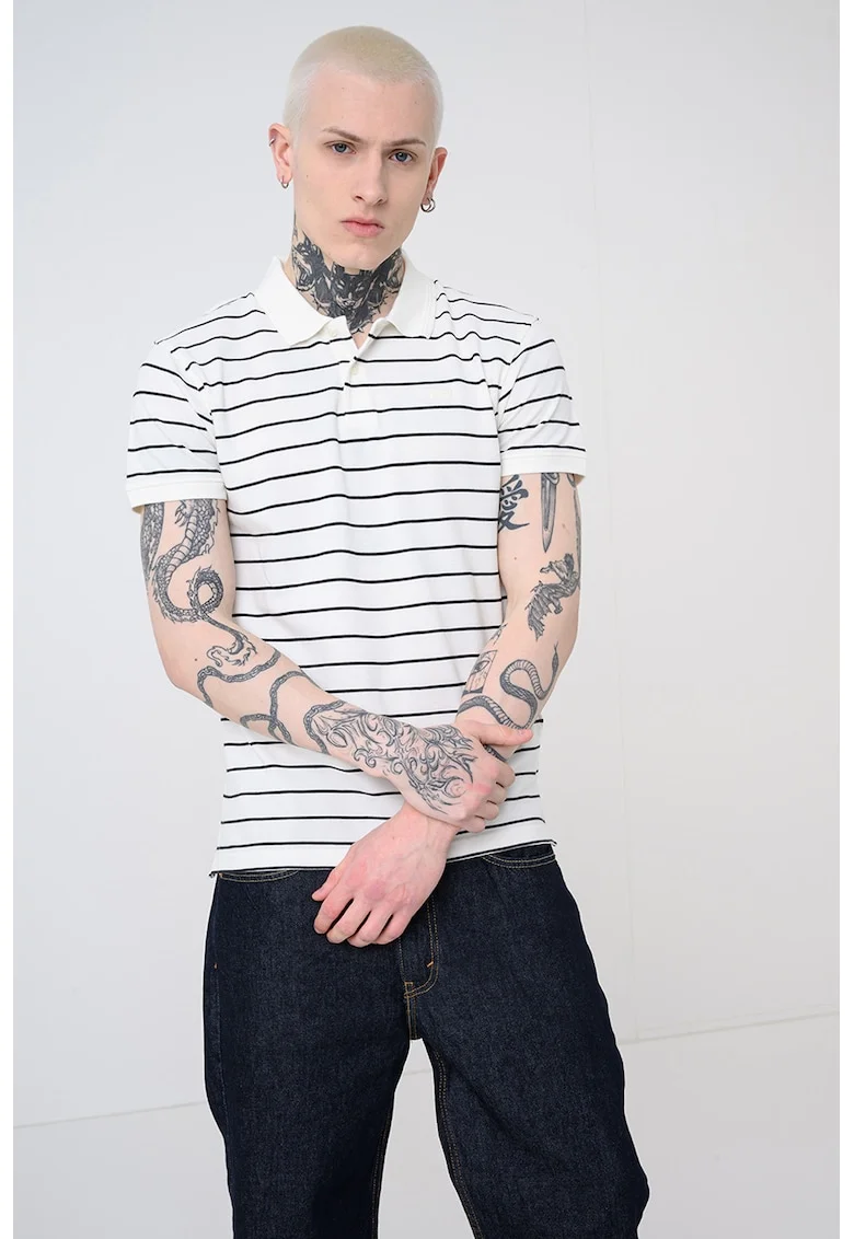 Tricou polo din bumbac pique cu dungi, Alb/Negru