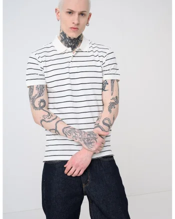 Tricou polo din bumbac pique cu dungi, Alb/Negru