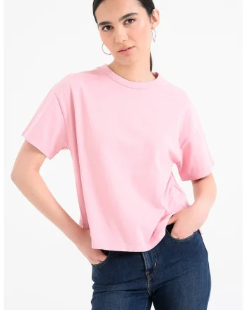 Tricou lejer din bumbac cu model uni, Roz pastel