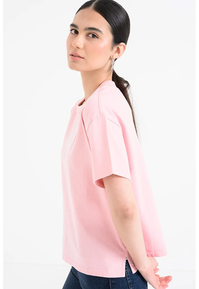 Tricou cu imprimeu si maneci cazute, Roz pastel