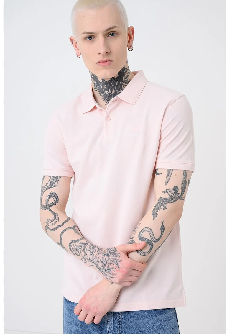 Tricou polo din bumbac pique cu dungi, Roz pastel
