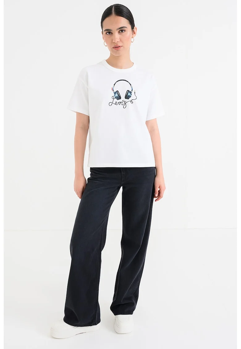 Tricou cu imprimeu si maneci cazute, Alb/Negru/Albastru petrol