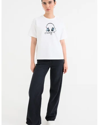 Tricou cu imprimeu si maneci cazute, Alb/Negru/Albastru petrol