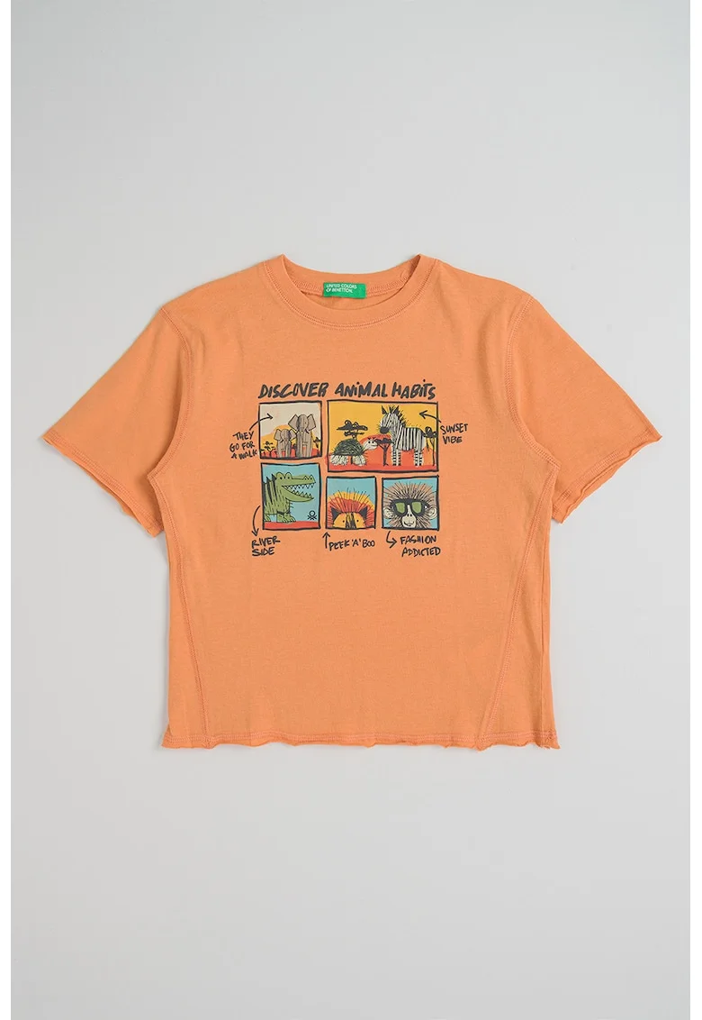 Tricou din bumbac cu imprimeu si decolteu la baza gatului, Portocaliu stins