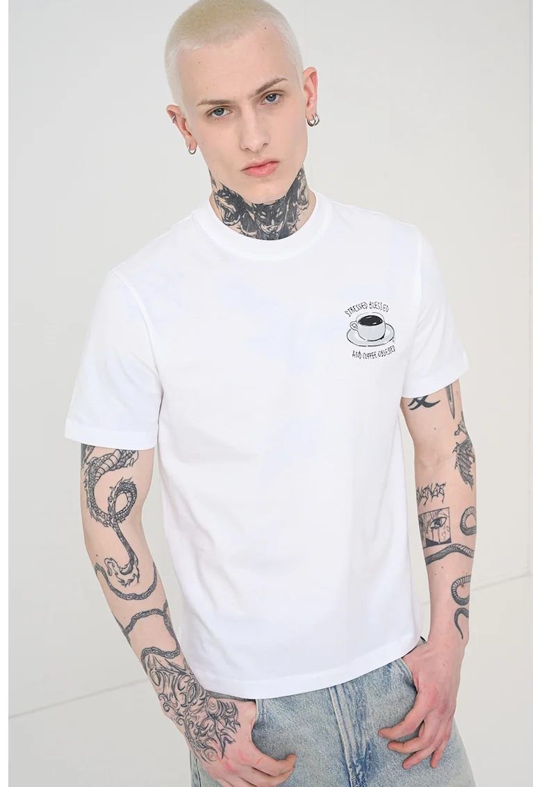 Tricou din bumbac cu imprimeu pe piept, Negru/Alb optic
