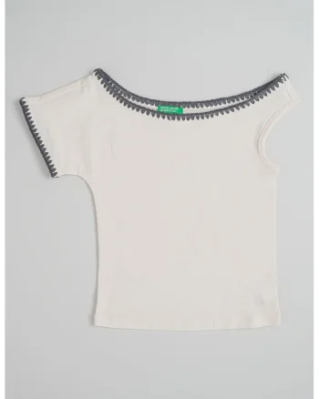 Tricou slim-fit cu decolteu rotund, Alb murdar