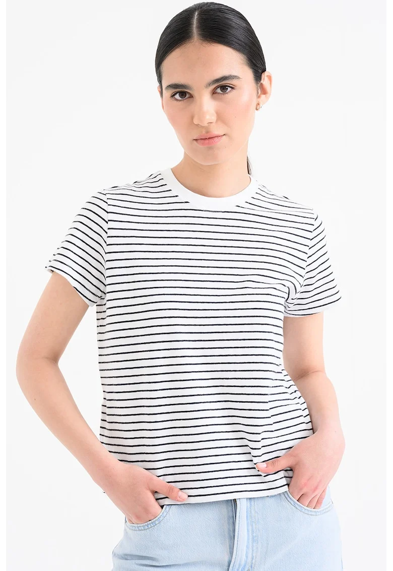 Tricou cu decolteu la baza gatului si dungi, Alb/Negru