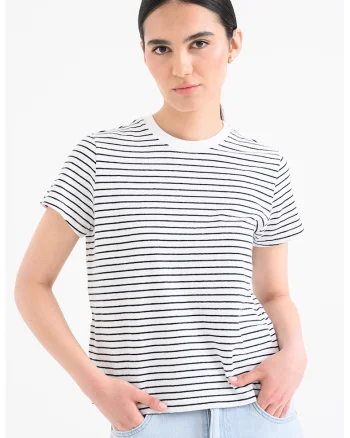 Tricou cu decolteu la baza gatului si dungi, Alb/Negru