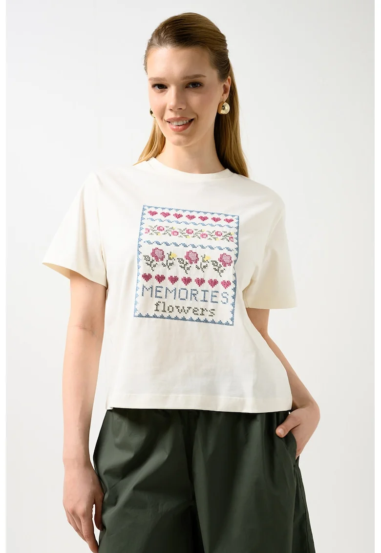 Tricou lejer din bumbac cu broderie, Crem