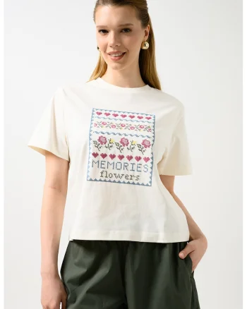 Tricou lejer din bumbac cu broderie, Crem