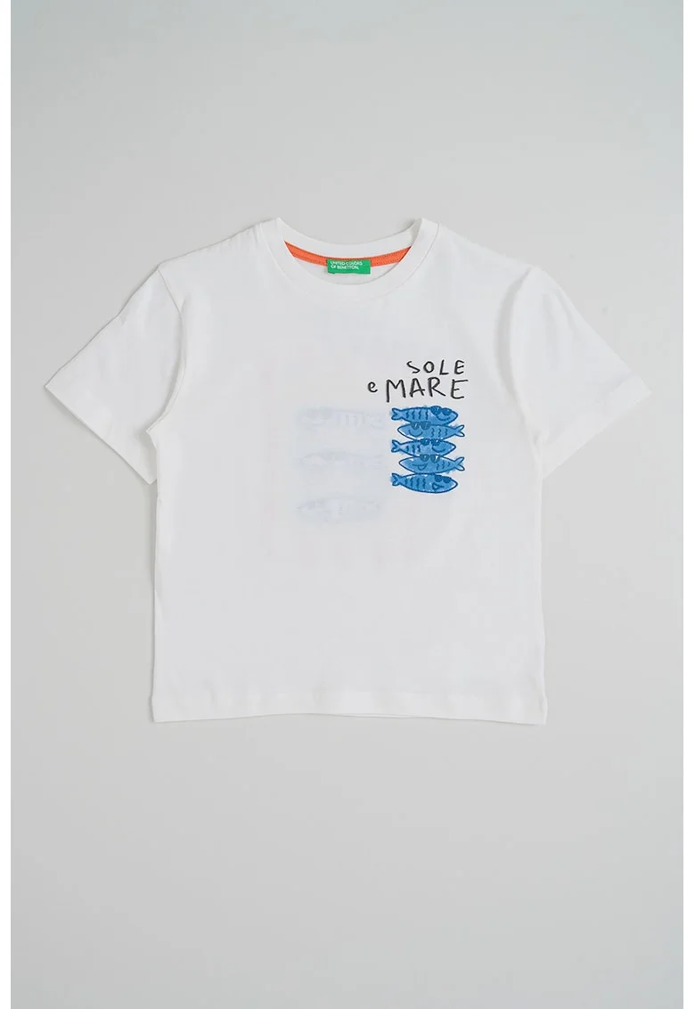 Tricou cu detalii brodate si imprimeu, Alb/Albastru