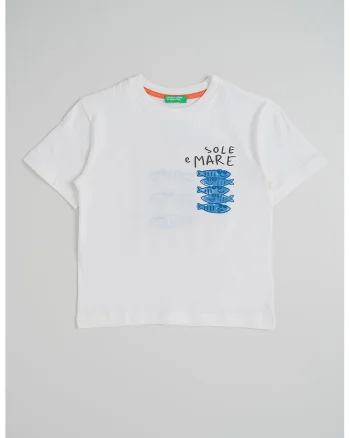Tricou cu detalii brodate si imprimeu, Alb/Albastru