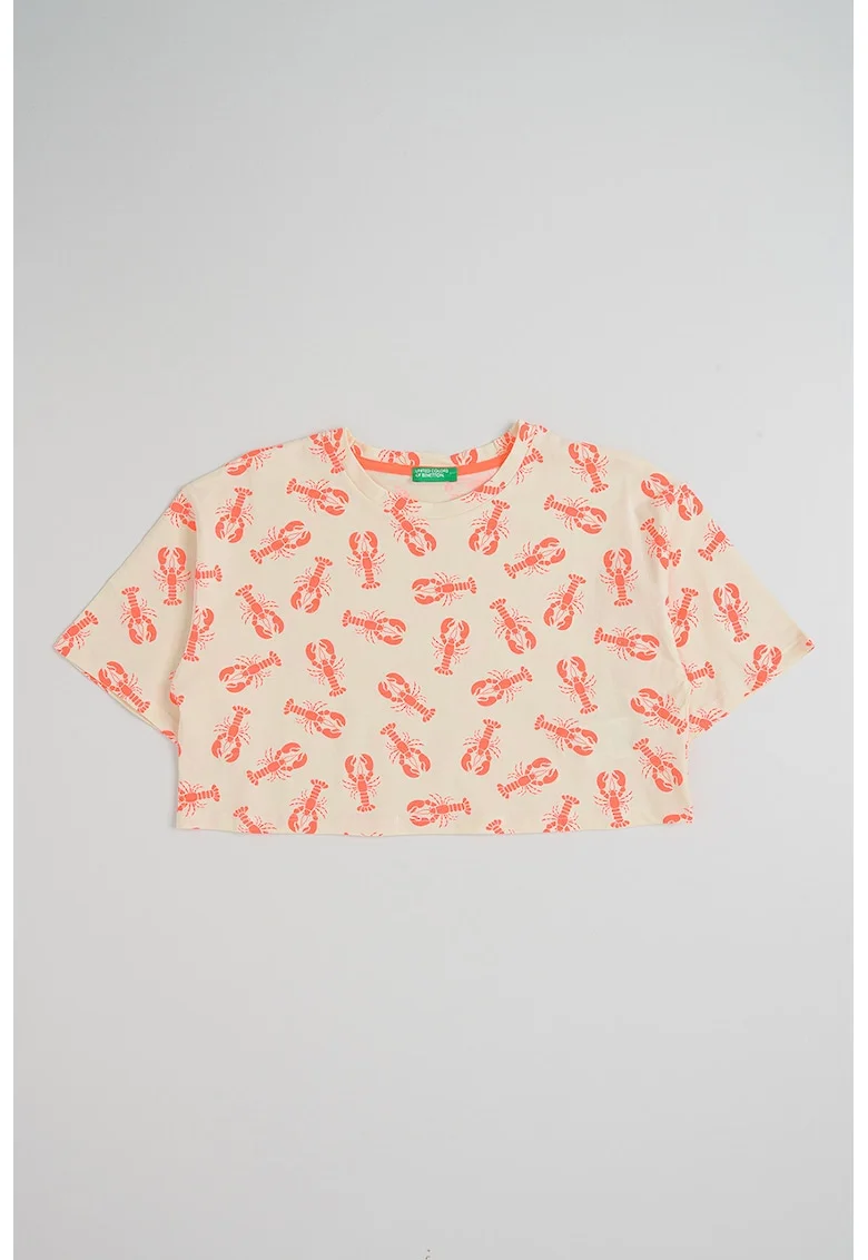 Tricou crop cu imprimeu grafic, Portocaliu neon/Bej deschis