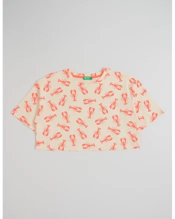 Tricou crop cu imprimeu grafic, Portocaliu neon/Bej deschis