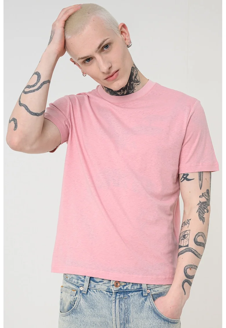 Tricou uni din in si bumbac, Roz prafuit