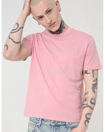 Tricou uni din in si bumbac, Roz prafuit