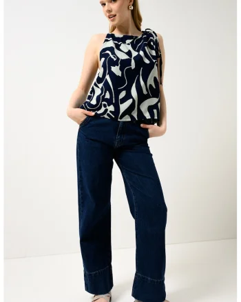 Bluza lejera cu model abstract, fara maneci, Albastru inchis/Albastru pal