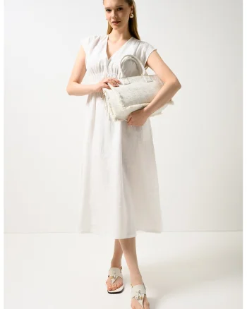 Rochie din in cu snur in talie, Alb murdar