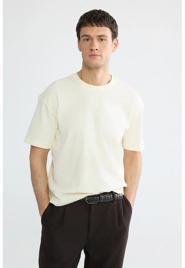 Tricou din bumbac cu decolteu la baza gatului, Crem