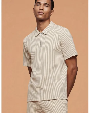 Tricou polo cu model in dungi si fermoar scurt, Bej inchis