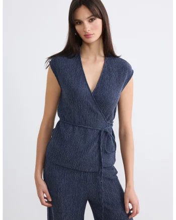 Bluza cu decolteu cache-coeur si cordon, Albastru ultramarin