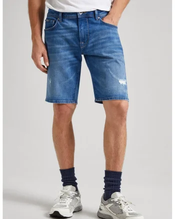 Pantaloni scurti de denim cu detalii cu aspect deteriorat, Albastru