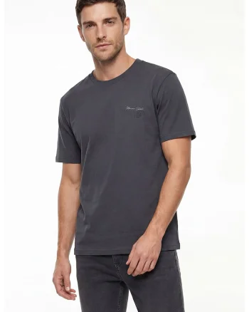 Tricou cu decolteu la baza gatului si imprimeu discret, Gri inchis