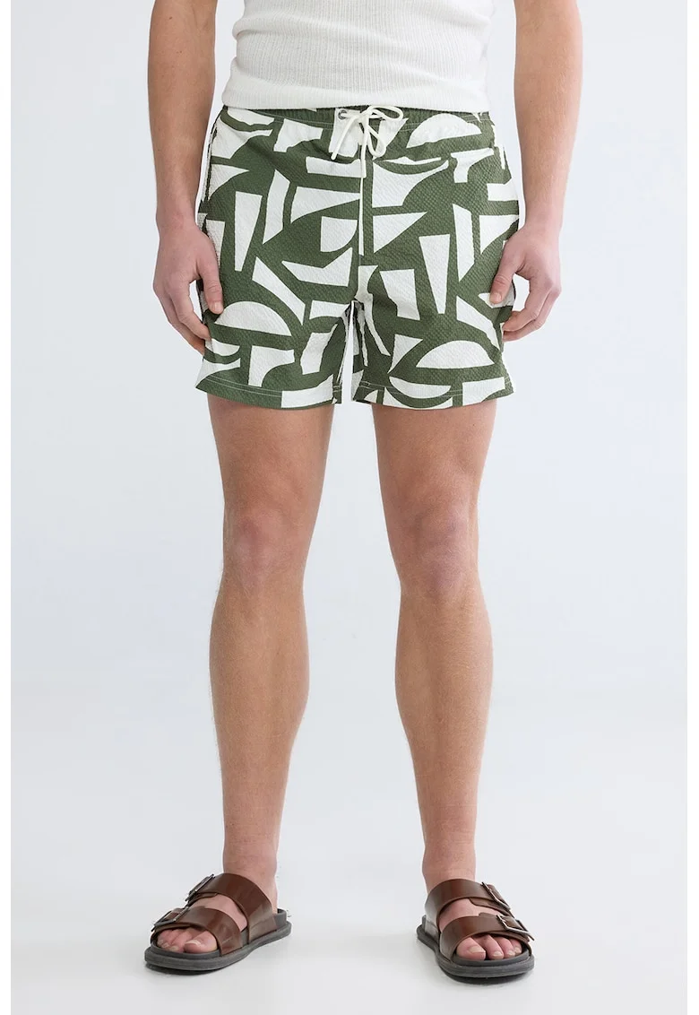 Pantaloni scurti texturati de baie cu model, Alb/Verde feriga