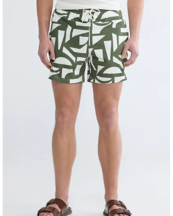 Pantaloni scurti texturati de baie cu model, Alb/Verde feriga