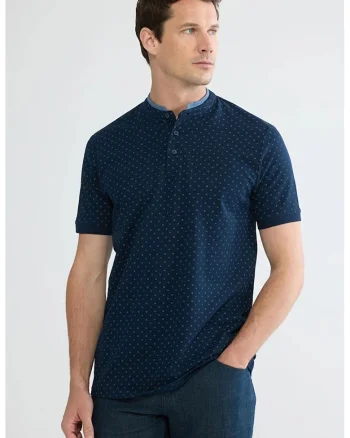 Tricou de bumbac cu fenta cu nasturi, Albastru glaciar/Bleumarin
