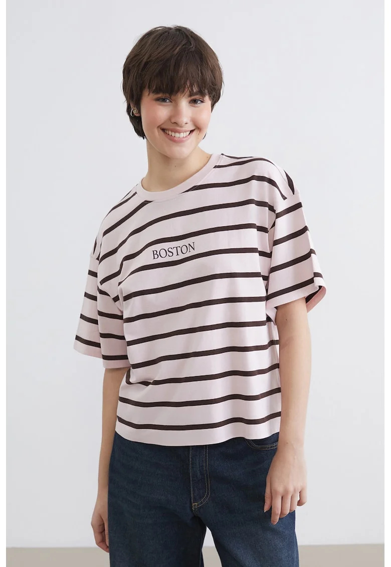 Tricou supradimensionat in dungi, din bumbac, Maro inchis/Roz pal