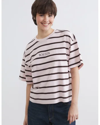 Tricou supradimensionat in dungi, din bumbac, Maro inchis/Roz pal
