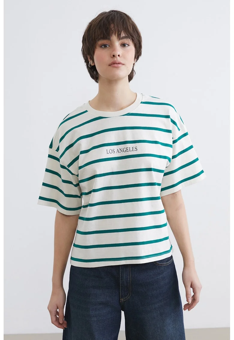 Tricou supradimensionat in dungi, din bumbac, Visiniu/Alb fildes