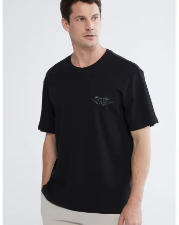 Tricou cu decolteu la baza gatului si imprimeu discret, Negru