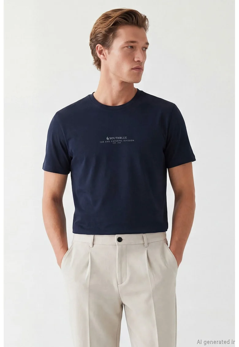 Tricou cu decolteu la baza gatului si imprimeu text, Bleumarin