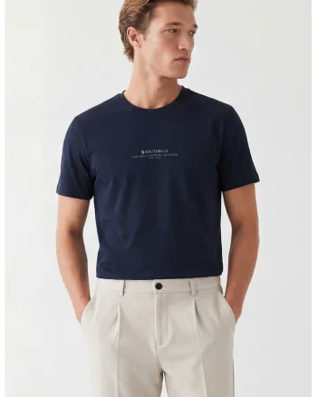Tricou cu decolteu la baza gatului si imprimeu text, Bleumarin