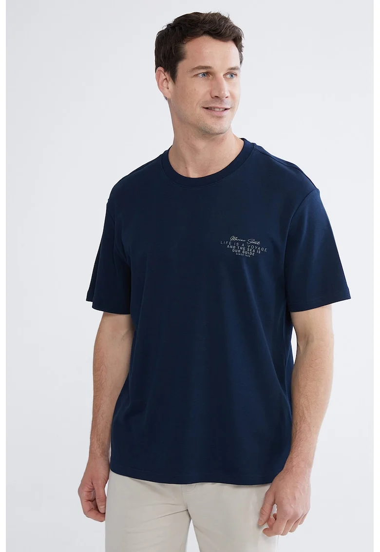 Tricou cu decolteu la baza gatului si imprimeu discret, Bleumarin