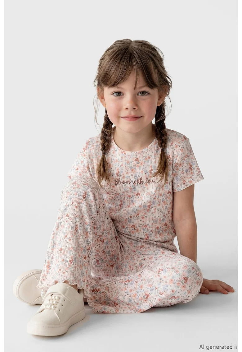Tricou striat cu model floral, Multicolor