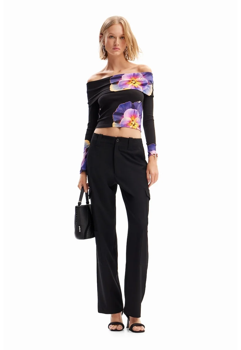 Bluza crop cu decolteu pe umeri, Negru/Roz deschis/Lila