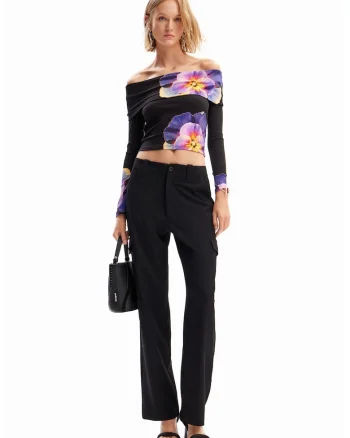 Bluza crop cu decolteu pe umeri, Negru/Roz deschis/Lila