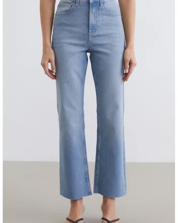 Blugi cu croiala bootcut si terminatii nefinisate, Albastru deschis melange