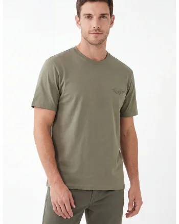Tricou cu decolteu la baza gatului si imprimeu discret, Kaki