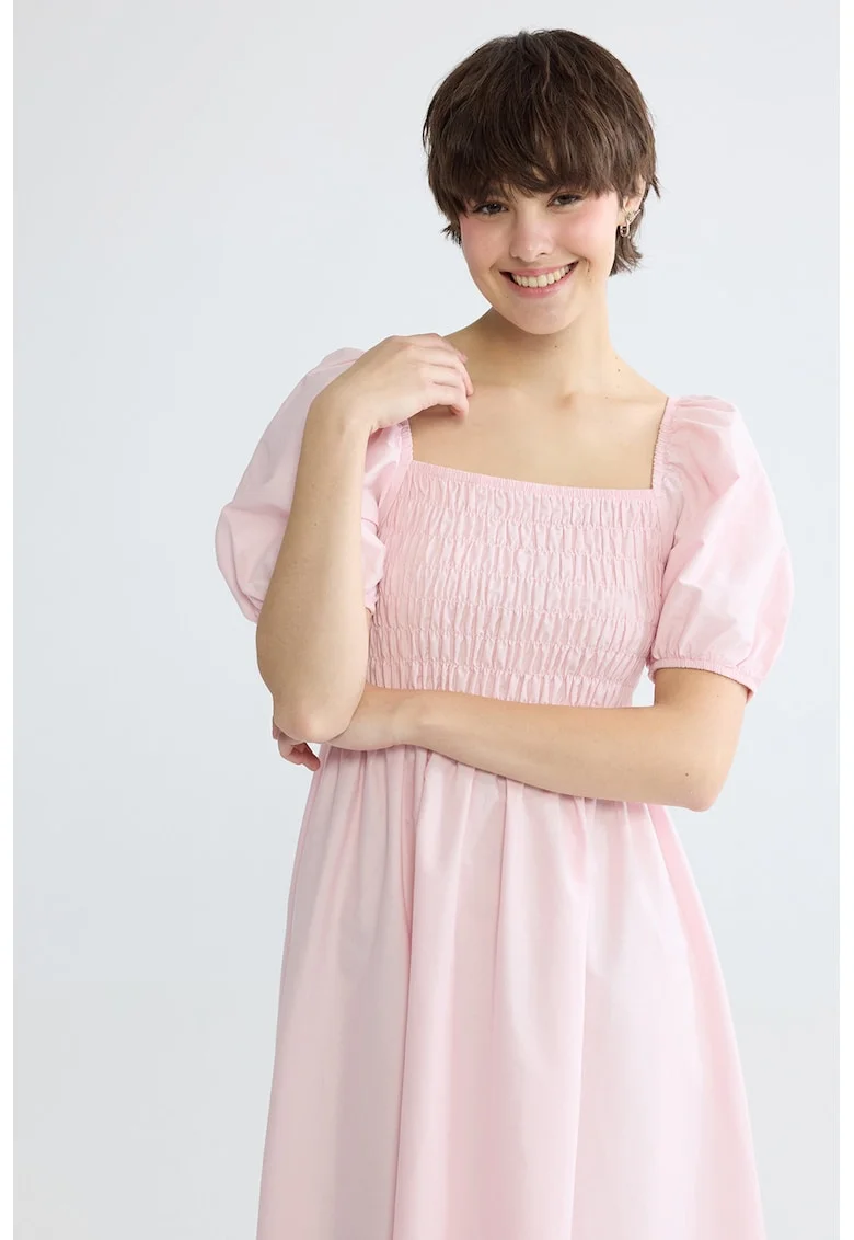 Rochie midi cu maneci bufante, Roz pal
