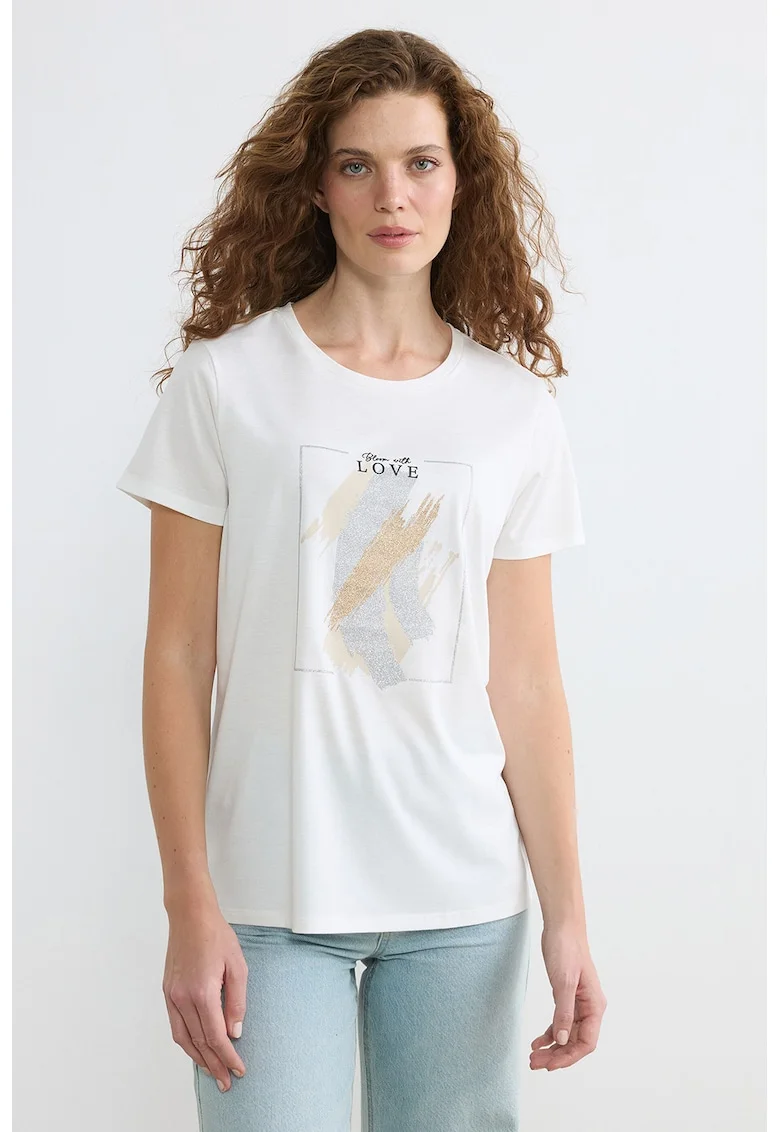 Tricou regular fit cu decolteu la baza gatului, Alb/Argintiu